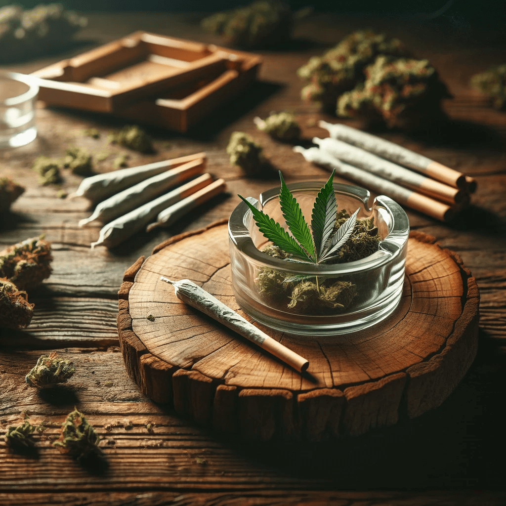 Un cendrier en verre débordant de bourgeons de cannabis sur une table en bois clair.