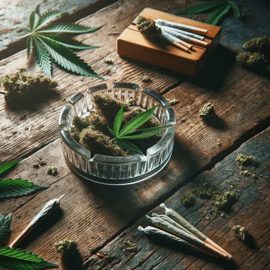 Un cendrier en céramique à côté d'un petit tas de feuilles de cannabis sur une table en bois vintage.