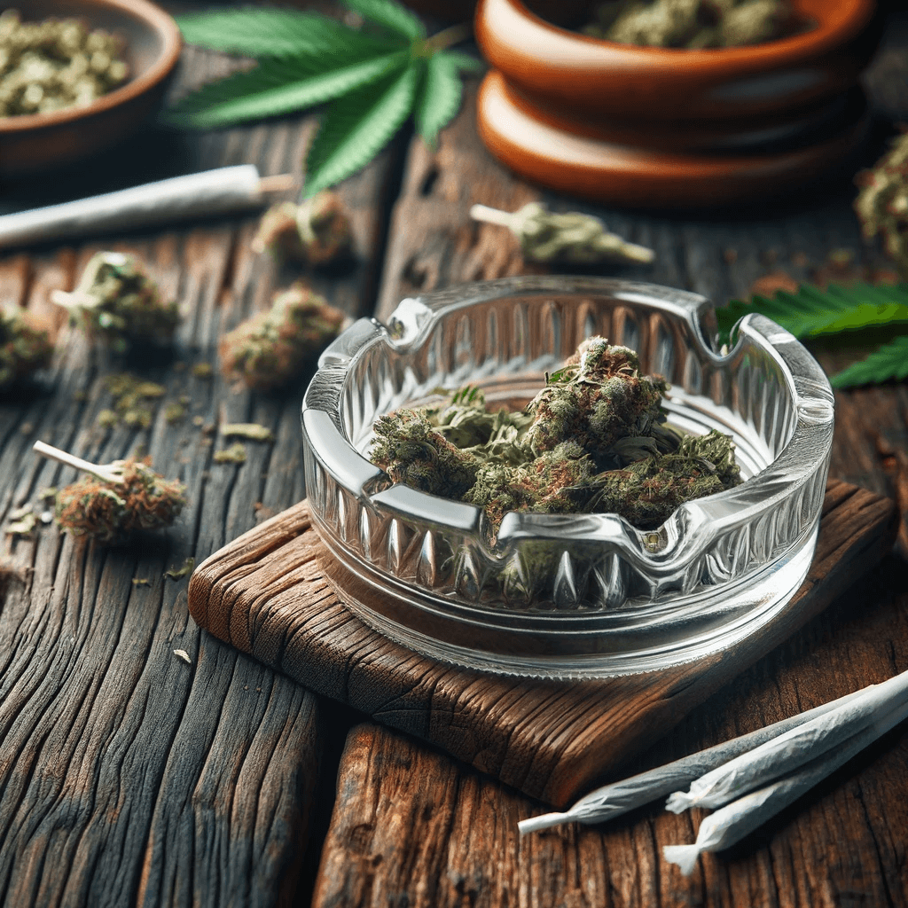 A round ashtray surrounded by scattered cannabis buds and leaves on a textured wooden surface.