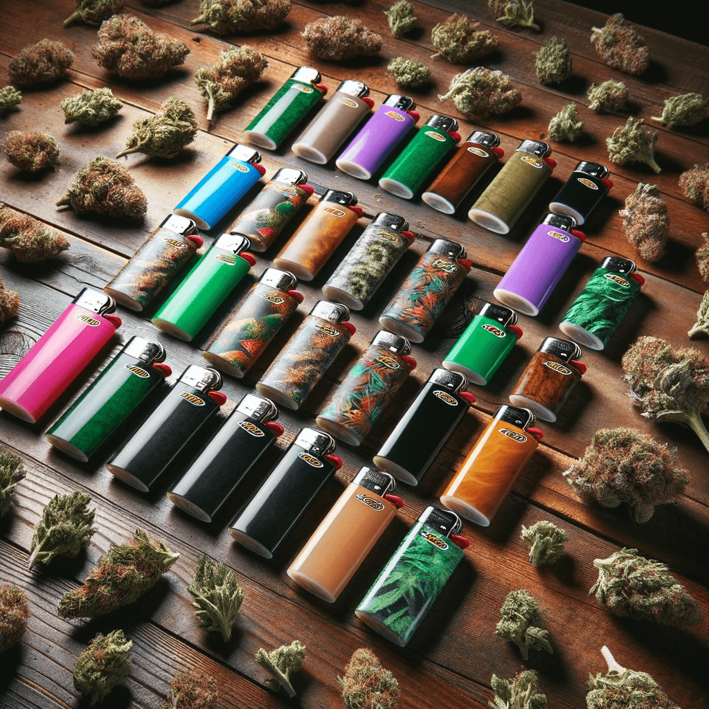 Una colección de coloridos encendedores sobre una superficie de madera, rodeados de hojas y cogollos verdes de cannabis.