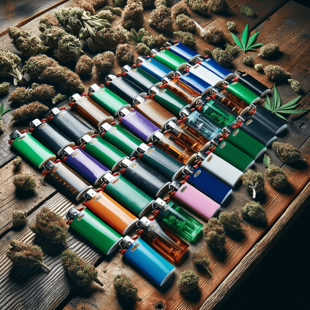 Briquets métalliques élégants à côté d'une pile de bourgeons de cannabis sur un fond en bois.
