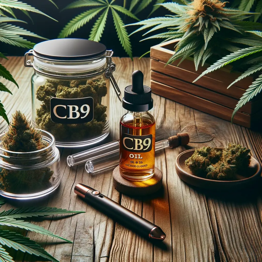 Una selección de productos esenciales de cannabis CB9: flor, aceite y vape, artísticamente presentados en una mesa de roble en medio de un exuberante follaje de cannabis.