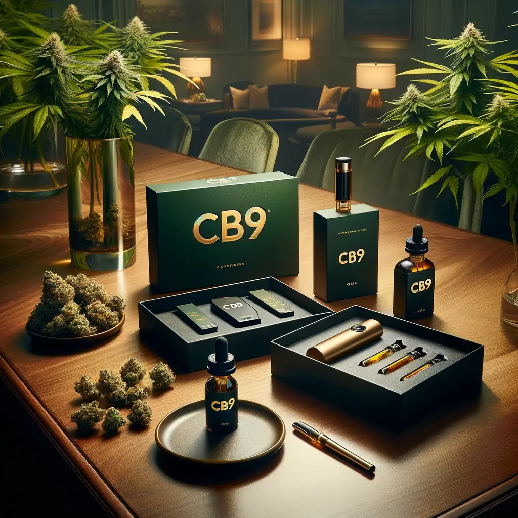 A CB9 kannabiszvirág, -olaj és vape pen bemutatója, elegánsan elrendezve egy fa asztallapon, amelyet friss kannabiszlevelek díszítenek.