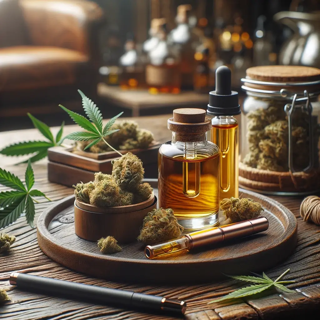 Elegante exposición de la colección de cannabis CB9, que incluye flores, aceite y vaporizador, colocada entre hojas de cannabis sobre una superficie de madera pulida.