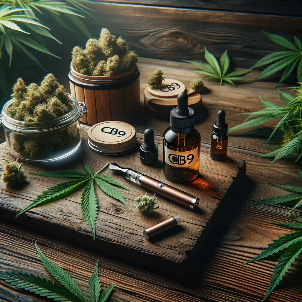 Une sélection des essentiels du cannabis CB9 : fleurs, huiles et vape, artistiquement présentés sur une table en chêne au milieu d'un luxuriant feuillage de cannabis.