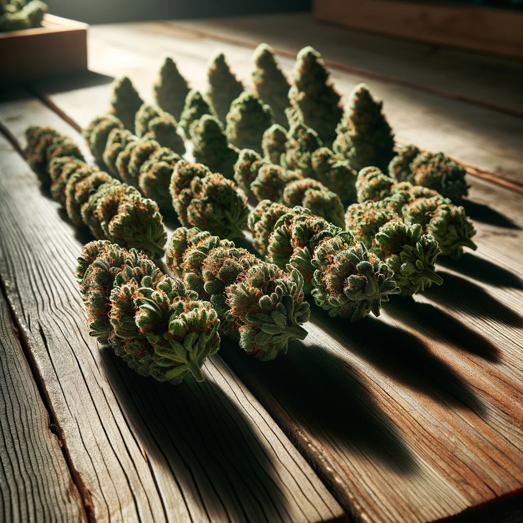 Cime di cannabis HHCP disposte ordinatamente su un tavolo di legno rustico.