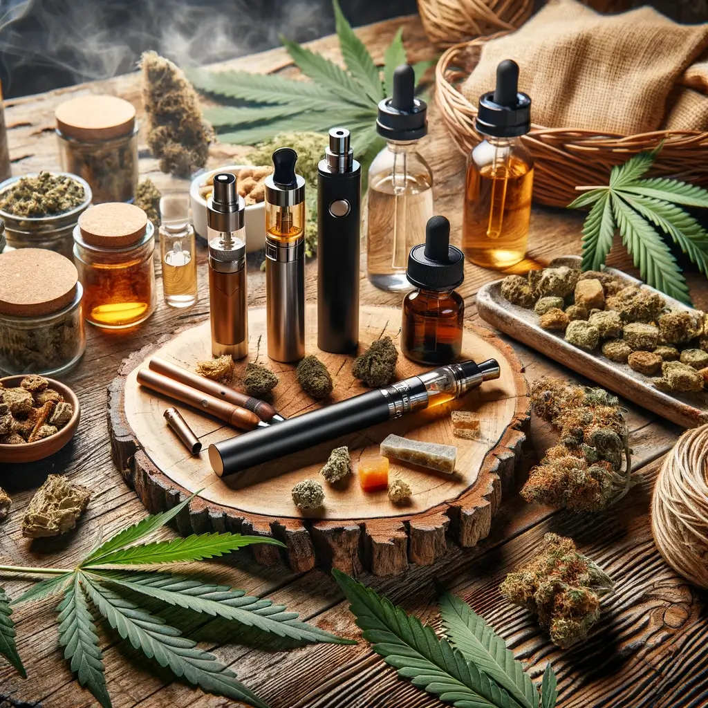 Surtido de productos HHCH, como vaporizadores, flores, hachís y comestibles, ordenados en una mesa de madera rústica, rodeados de hojas de cannabis esparcidas.