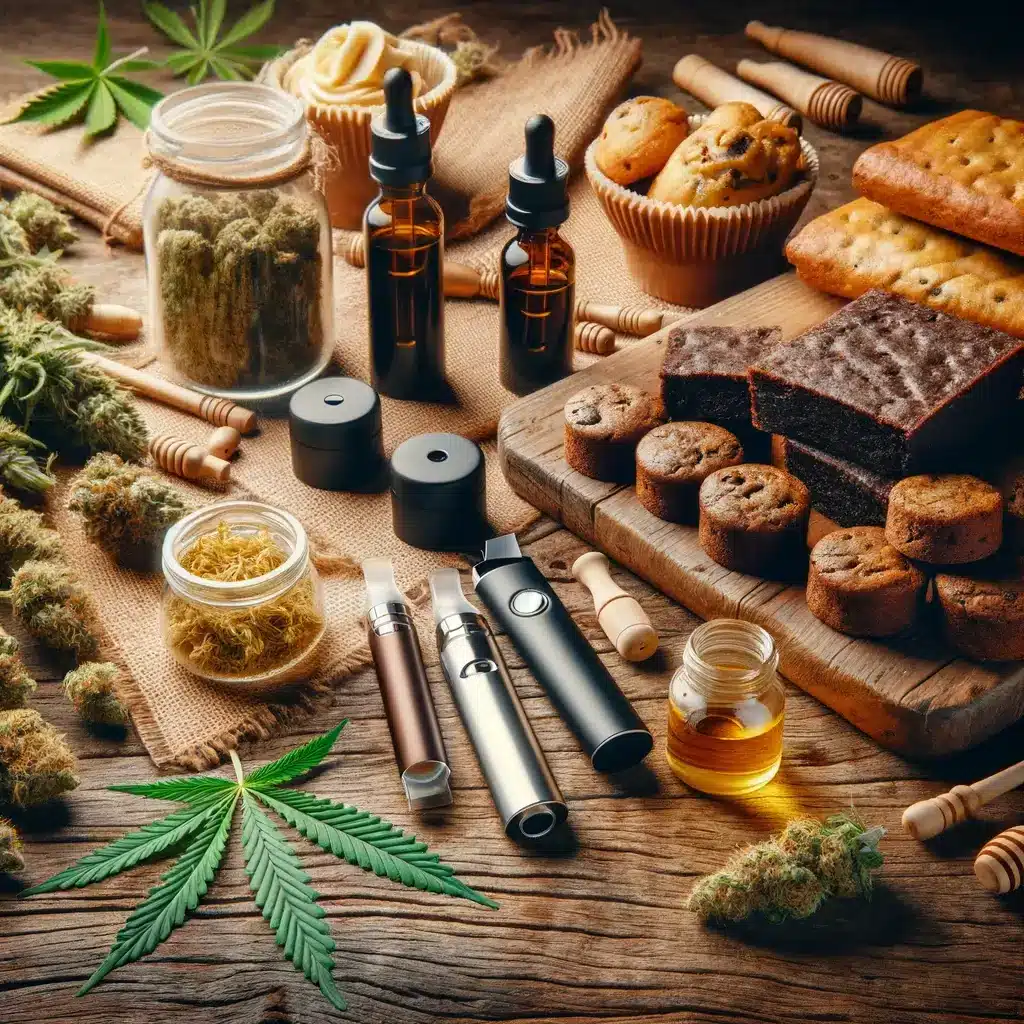 Una selección meticulosamente ordenada de vaporizadores, flores, hachís y comestibles de HHCH, enmarcada por hojas de cannabis sobre una mesa de madera.