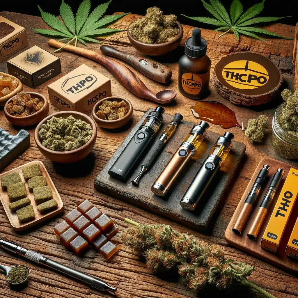 Diversos productos de cannabis HHCH, incluidos dispositivos de vaporización, capullos de flores, hachís y comestibles, dispuestos sobre un fondo de madera con detalles de hojas de cannabis.