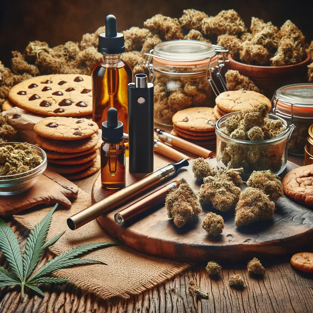 Variedad de productos de cannabis HHCH, como vaporizadores, flores, hachís y comestibles, sobre una superficie de madera rodeada de hojas verdes de cannabis.