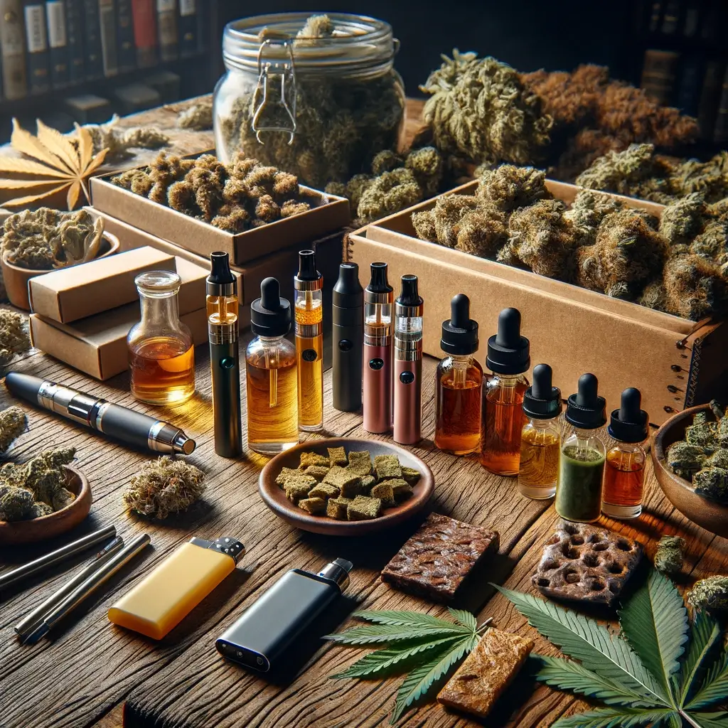 Una variedad de productos HHCH, incluidos vaporizadores, flores de cannabis, hachís y comestibles, dispuestos artísticamente sobre una mesa de madera entre hojas de cannabis.