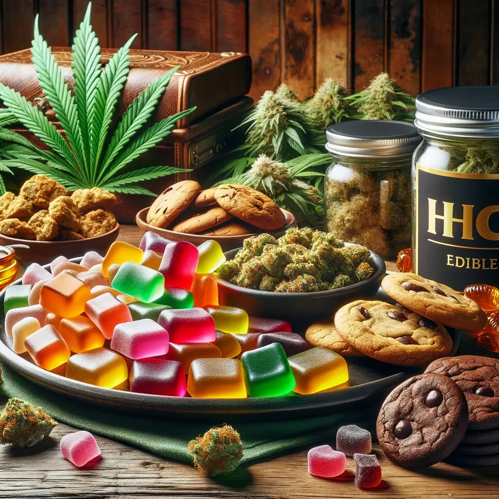 Gros plan sur les edibles HHCPO, y compris les textures détaillées des gommes et des biscuits, sur un fond en bois avec des décorations au cannabis.