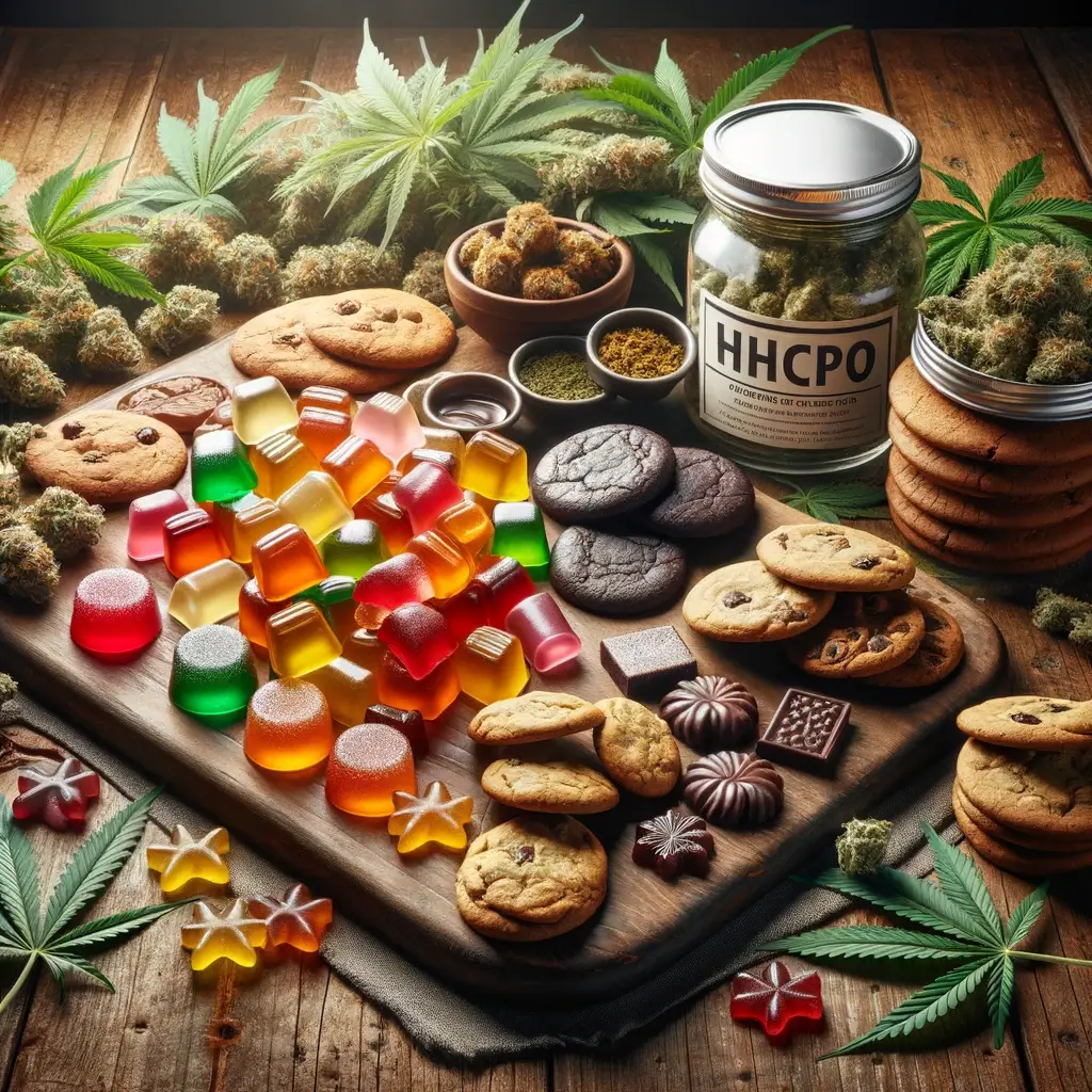 Variété de gommes et de biscuits infusés au HHCPO artistiquement disposés sur une surface en bois, encadrée par un feuillage de cannabis luxuriant.