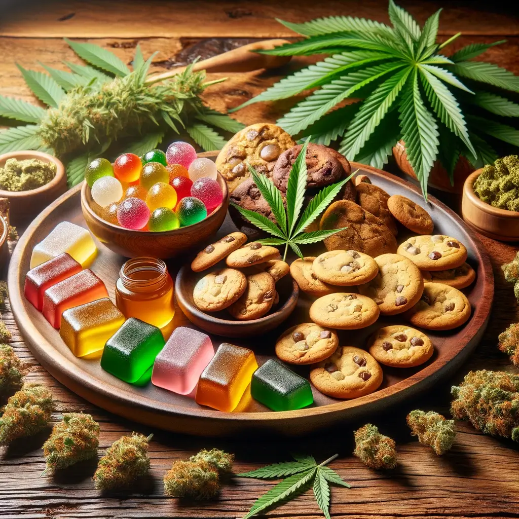 Assortiment d'edibles HHCPO comprenant des gommes et des biscuits sur une table en bois entourée de feuilles de cannabis.