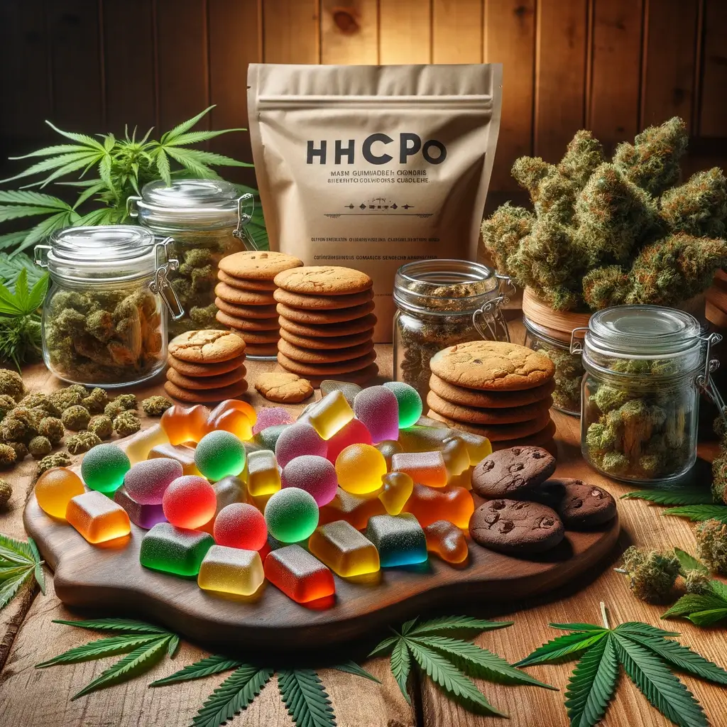Présentation innovante de gommes et de biscuits infusés au HHCPO sur une table en bois, entourée d'un arrangement luxuriant de feuilles de cannabis.