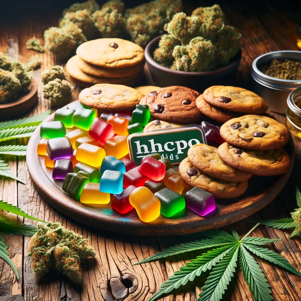 Assortiment de gommes et de biscuits HHCPO élégamment présentés sur une table en bois vieilli, dans un décor serein de feuilles de cannabis.