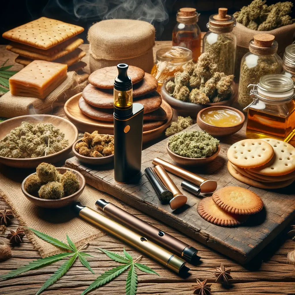 Una variedad de productos THCH, incluidos vaporizadores, flores de cannabis, hachís y comestibles, dispuestos artísticamente sobre una mesa de madera entre hojas de cannabis.