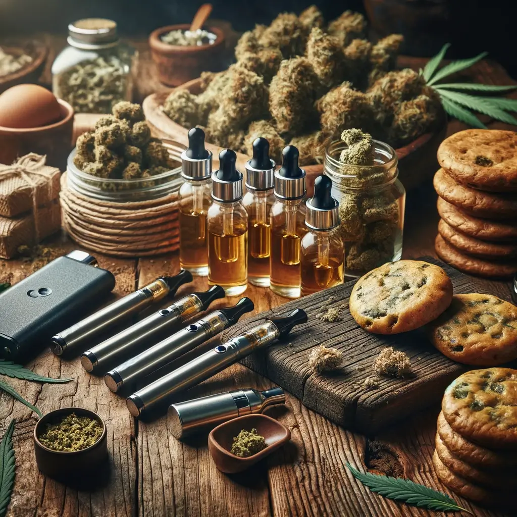Assortimento di prodotti THCH, tra cui penne da svapo, fiori, hashish e edibili, disposti ordinatamente su un tavolo di legno rustico, circondato da foglie di cannabis sparse.