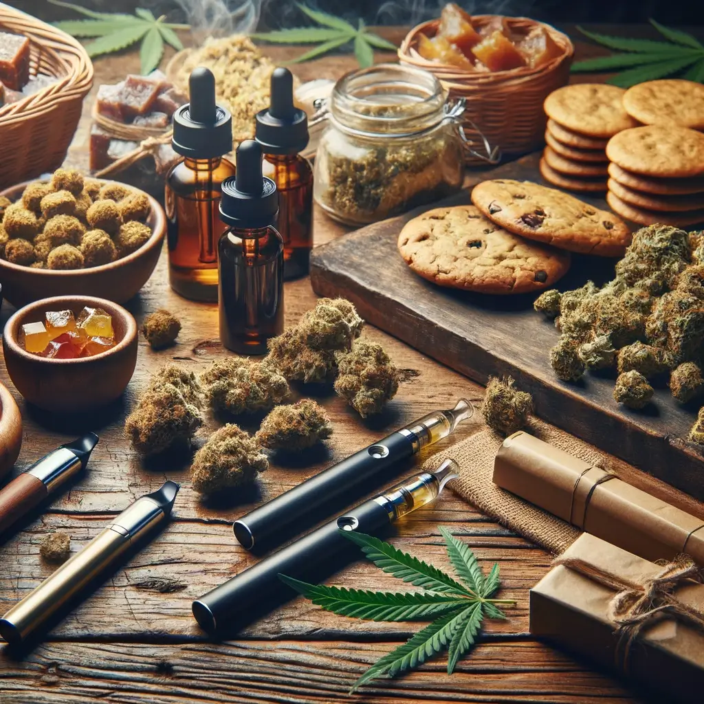 Una selezione meticolosamente disposta di penne da svapo, fiori, hashish e edibili THCH, incorniciata da foglie di cannabis su un tavolo di legno.