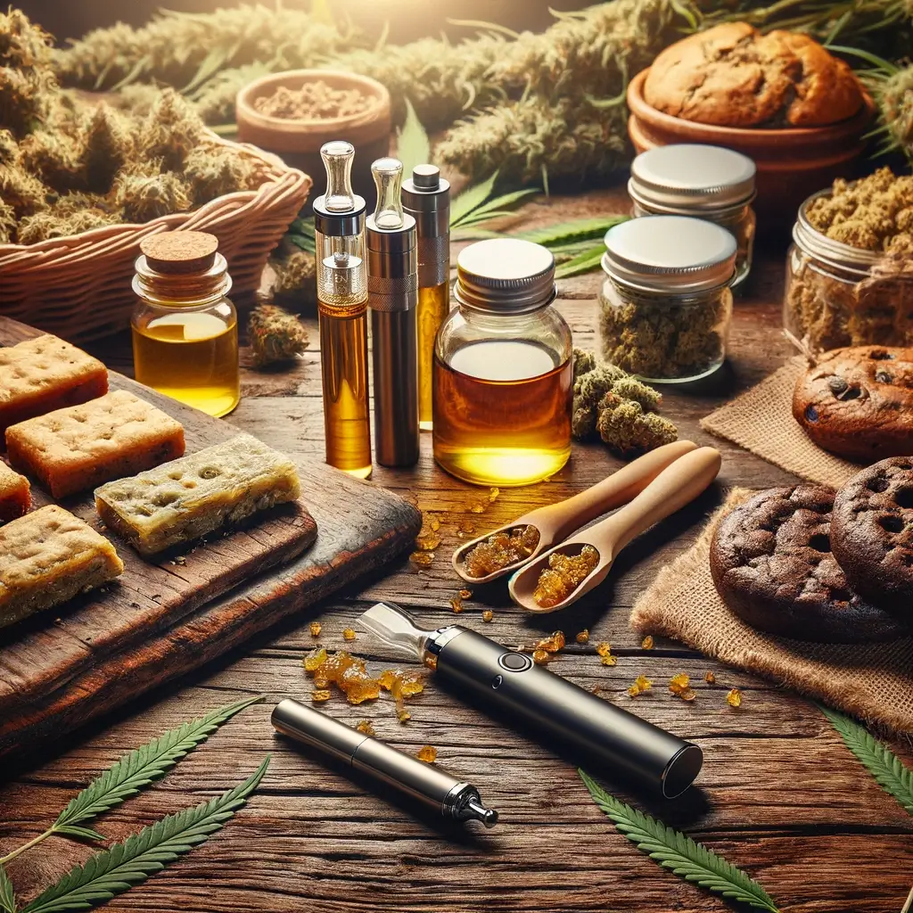 Diversos productos de cannabis THCH, incluidos dispositivos de vaporización, capullos de flores, hachís y comestibles, dispuestos sobre un fondo de madera con detalles de hojas de cannabis.
