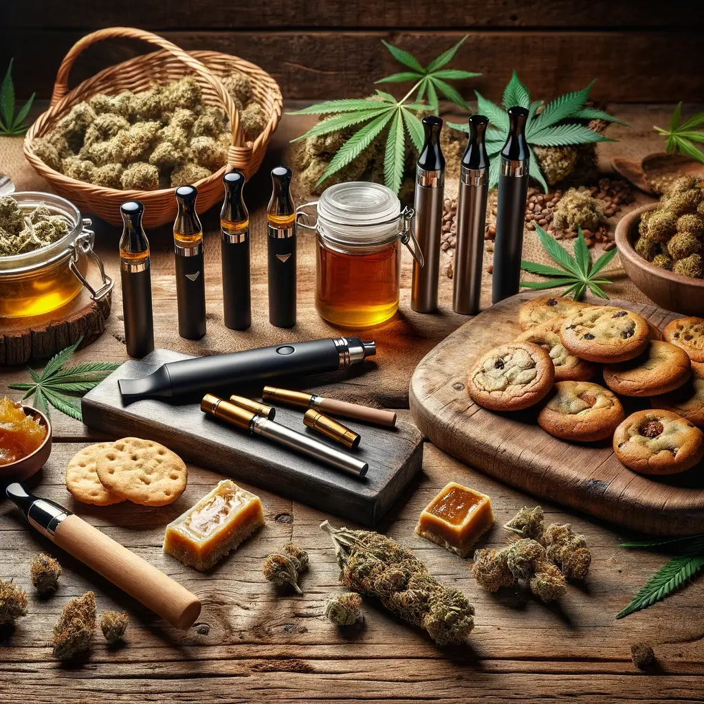 Una serie di prodotti THCH a base di cannabis, tra cui vapes, fiori, hashish e edibles, su una superficie di legno circondata da foglie verdi di cannabis.