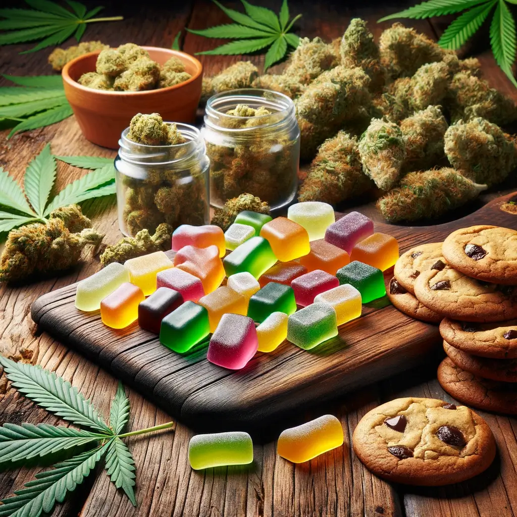 Assortimento di edibles al THCJD con gommose e biscotti su una superficie di legno incorniciata da fogliame di cannabis.