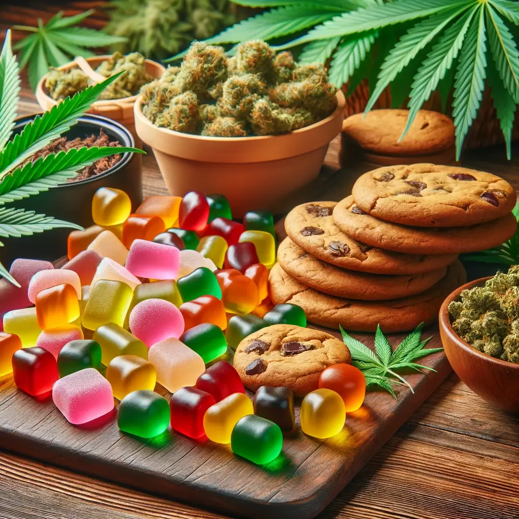 Deliciosas gominolas y galletas de THCJD presentadas en una vieja mesa de madera, rodeadas de vibrantes hojas de cannabis.