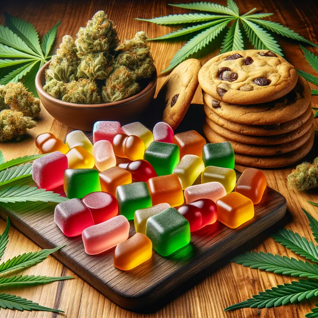 Deliziose gommine e biscotti al THCJD presentati su un vecchio tavolo di legno, circondati da vibranti foglie di cannabis.
