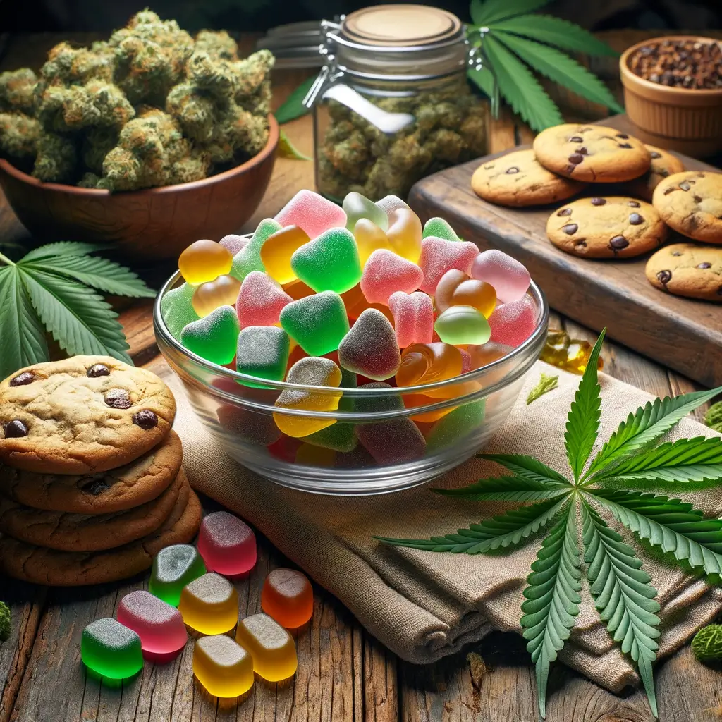 Coloridas gominolas de THCJD y galletas caseras dispuestas entre hojas frescas de cannabis sobre un fondo de madera.