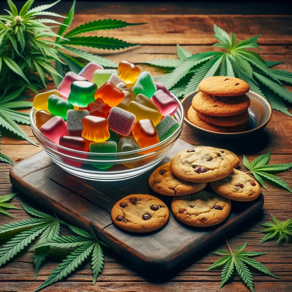 Surtido de comestibles de THCJD con gominolas y galletas sobre una superficie de madera enmarcada por follaje de cannabis.