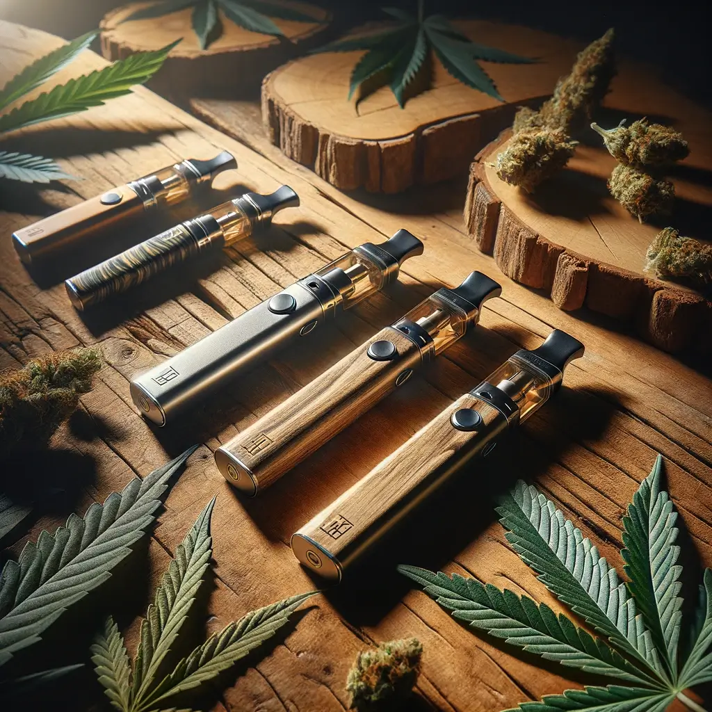 Vapeadores de THCJD ordenados en una mesa de madera entre hojas de cannabis esparcidas.