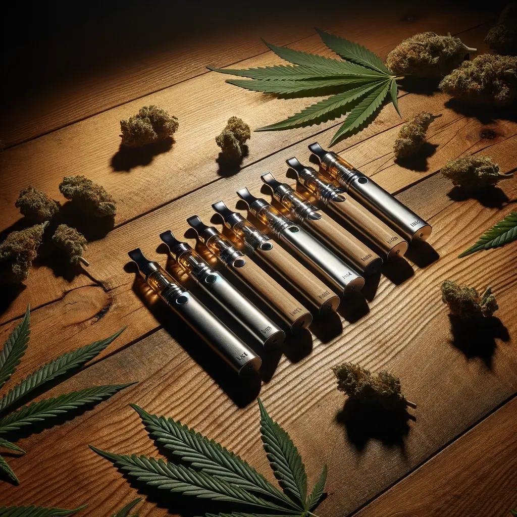Conjunto de vaporizadores THCJD rodeados de una exuberante dispersión de hojas de cannabis sobre madera.