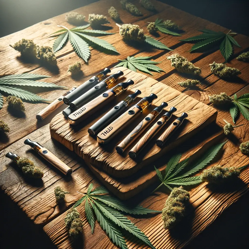 Dispositivos de vapeo THCJD dispuestos entre verde follaje de cannabis sobre una vieja mesa de madera.