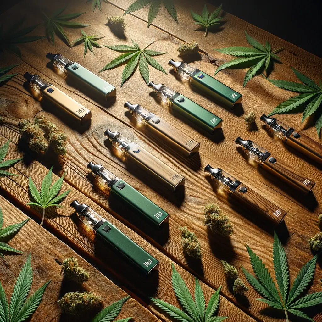 Primer plano de vaporizadores THCJD alineados sobre una superficie de madera con hojas de cannabis alrededor.