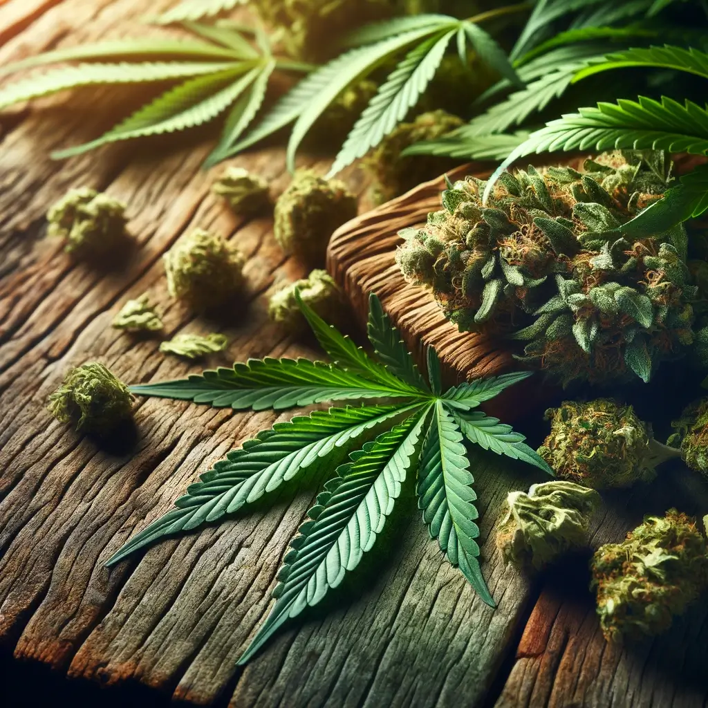 Bourgeons de marijuana médicale et feuilles de cannabis étalés sur une table rustique en bois