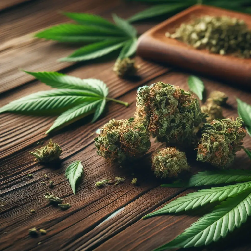 A close-up of a cannabis bud on a wooden table,encircled by scattered cannabis leaves,highlighting new cannabinoids THCJD,HHCH,THCPO,and THCH.